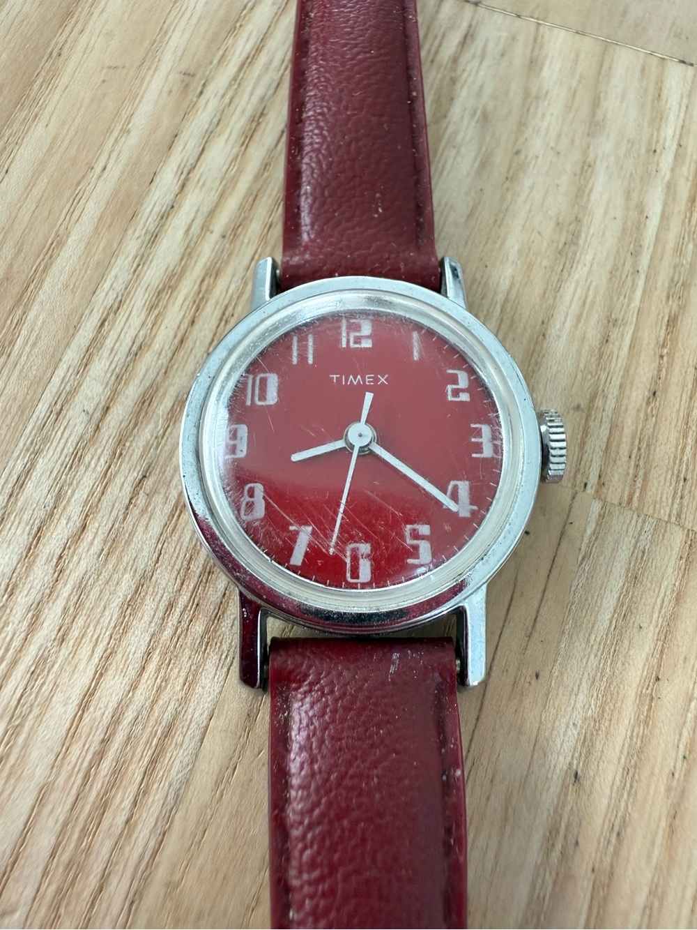 Vintage Timex ladies red dial silver tone mechanical winding watch